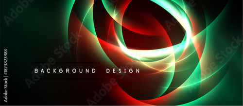 Abstract design features flowing curves, vibrant colors. Red, green hues blend with bright light effects, creating dynamic visual impact.
