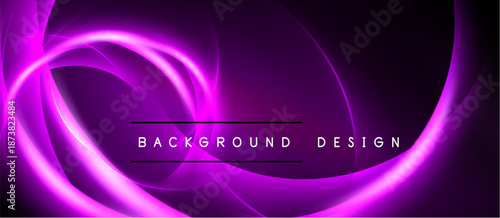Abstract purple swirls dominate dark backdrop. Text reads background design. Smooth gradients create dynamic visual effect.