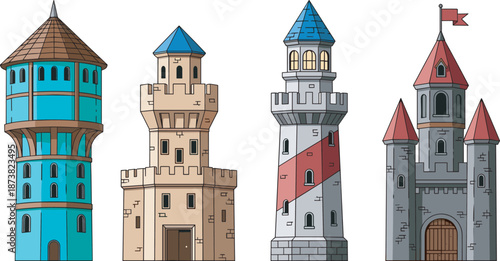Set of Historical Architectural Towers Including Medieval Castle Lighthouse Fortress and Watchtower Illustrations Isolated on White Background for Fantasy Games and Storybook Design Projects