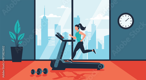 Woman running on a treadmill in a modern apartment gym with a large window showing a beautiful city skyline view.