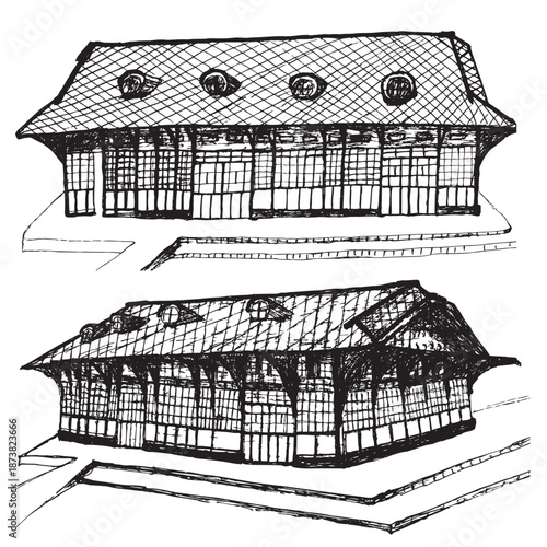 A sketch of an old Japanese-style train station.﻿