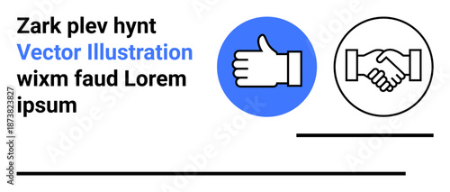 Business collaboration, social interaction, professional agreement, partnership building, networking, teamwork. Handshake and thumbs-up symbols with bold outlines. Business collaboration and social