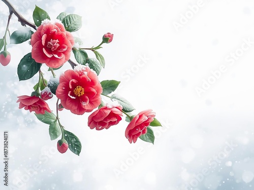 雪に包まれた椿の花のイラスト