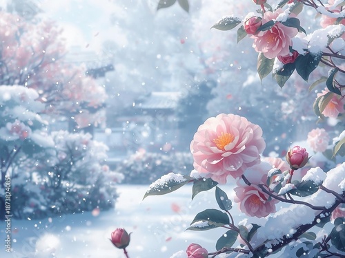 雪景色に咲く椿のイラスト