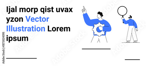 Male figures interacting with geometric shapes, one holding a gear, another a circle. Ideal for teamwork, creativity, innovation, tech processes, collaboration, strategy simple landing page