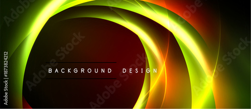 Abstract design features vibrant curves, gradients. Dark background contrasts bright yellow, orange hues. Text reads background design.