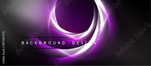 Abstract purple swirls create dynamic background. Bright lines form elliptical shapes, radiating energy. Dark space surrounds glowing design elements.