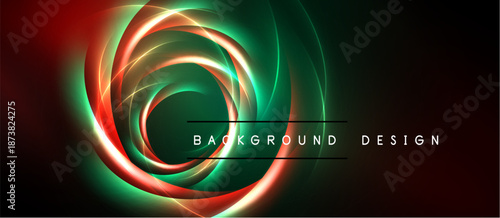 Abstract swirls, vibrant colors blend. Red, green, gold create dynamic energy. Dark background emphasizes glowing forms. Modern design element.