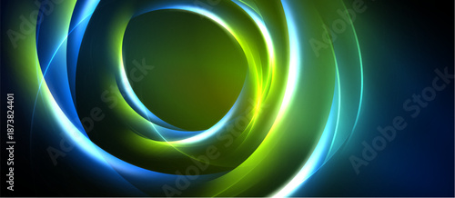 Abstract swirls, vibrant blues, greens create dynamic energy. Circular shapes suggest movement, depth within darkness.