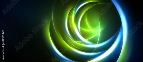 Abstract swirls, vibrant green, blue hues create dynamic energy. Light radiates, forming circular patterns against dark background.