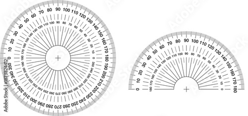 Detailed vector illustration of full-circle and semicircle protractors with precise degree markings, ideal for educational materials, engineering diagrams, and measurement graphics.