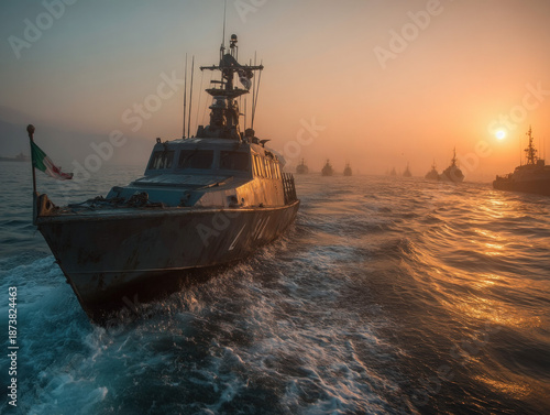 A fleet of Iranian navy ships sailing in the Persian Gulf.