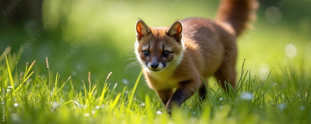 Fototapeta premium Young fox cub walks in green meadow with tall grass during sunny day. Small wild mammal with orange fur curiously looks forward. Fauna in natural habitat during daytime.
