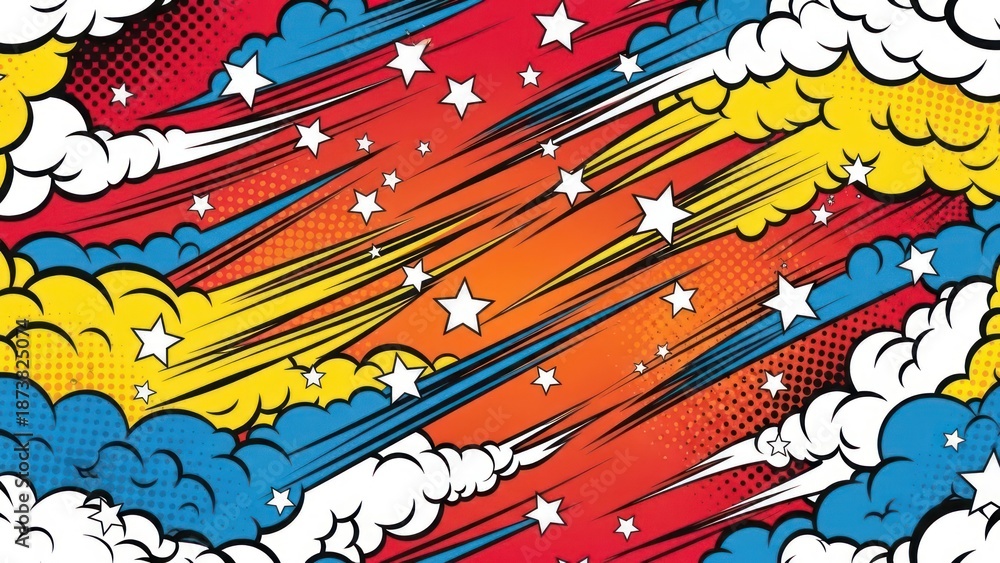 Fototapeta premium Dynamic Pop Art Comic Book Backdrop with Clouds and Stars for Retro Projects