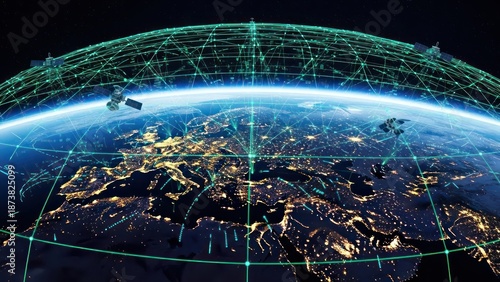 Earth's interconnected network of satellites and illuminated urban centers demonstrating global