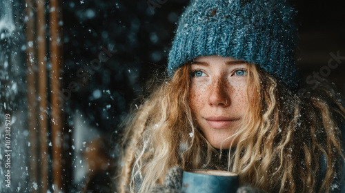 Winter woman drinking tea b...