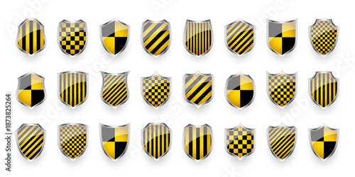 Glossy shields with yellow and black pattern. Security and protection concept. Cyber safety icons, internet privacy, web defense, digital data protection and antivirus themes. Vector illustration