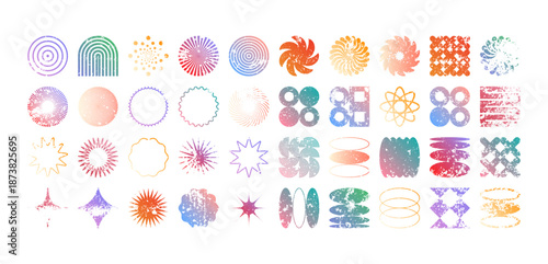 Colorful geometric shapes, modern grunge symbols. Simple primitive elements and forms, distressed details. Retro design, aged, vintage, trendy contemporary minimalist style, y2k. Vector illustration