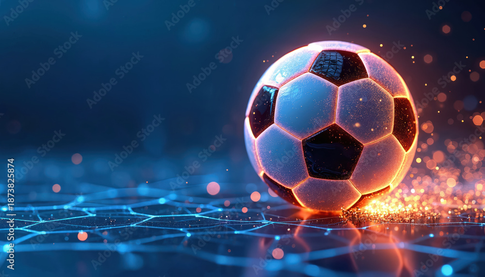 Naklejka premium Glowing soccer ball on digital grid. Sport graphic with abstract light and motion. Futuristic game concept with bright energy and vibrant colors. Dynamic play illustration.