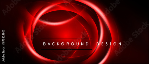 Abstract red light swirls over black background. Modern design element, dynamic energy radiates from center. Text reads background design.