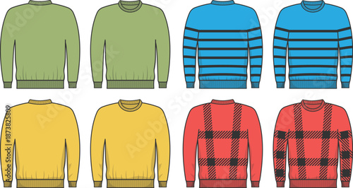 Stylish collection of long sleeve crewneck sweaters featuring solid colors, stripes, and plaid patterns. Minimal flat vector design suitable for clothing catalogs, web design, and stock graphics.
