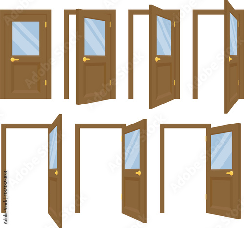 Set of brown wooden door icons with glass panel displaying open, half-open and closed positions. Clean flat vector style isolated on white background for interface design, navigation symbols and