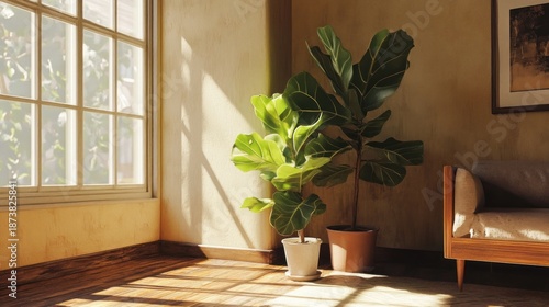 Sunny corner room with large window, potted fiddle leaf fig tree, and wooden furniture