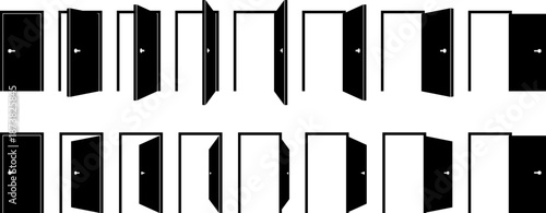 Set of black door silhouettes in different opening and closing positions isolated on white background. Symbol of choice, opportunity, transition, and access.