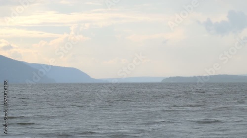 View of the Zhiguli mountains and the Volga River in cloudy weather. Camera panning