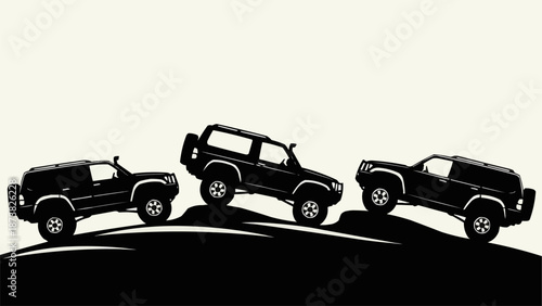 Three Black Off Road Vehicles Driving Over Hills.
