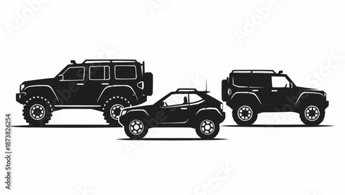 Three diverse off road vehicles parked side by side.