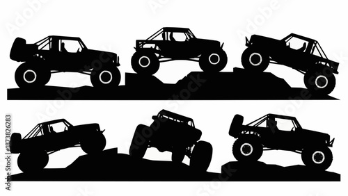 Offroad monster trucks silhouettes driving on rough terrain.