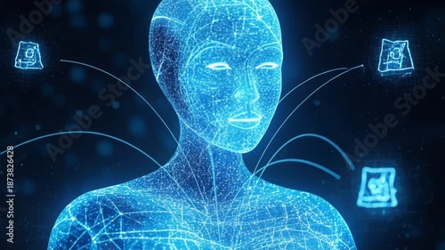 Abstract Wireframe AI Head Receiving Digital Particle Inputs and Prompts