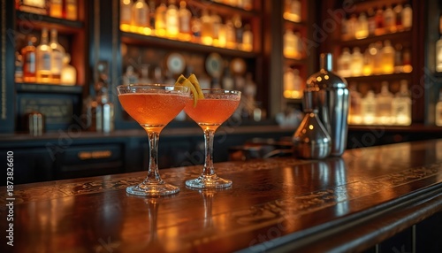 Two amber cocktails sit on polished bar counter. Bottles on shelves behind lit dimly. Bartender tools near glasses. Moody lighting creates elegant atmosphere. Classic speakeasy vibe. © Viktor