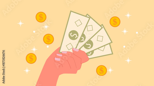 Vector Illustration of Hand Holding Dollar Banknotes and Gold Coins, Concept of Wealth, Salary, and Financial Success