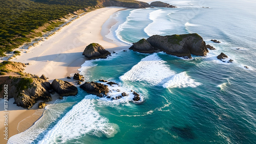 Aerial view of a rocky coastline with waves