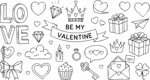 Doodle valentines day illustration of valentines day doodles set love, hearts, gifts, crown, candle, cupcake, key, letter, outline icons valentine