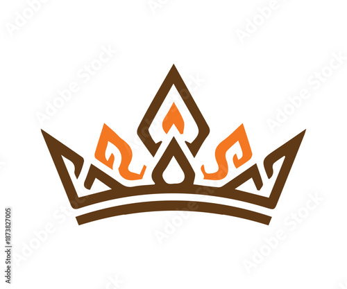 Royal crown emblem with flame motif in brown and orange logo icon design vector illustration