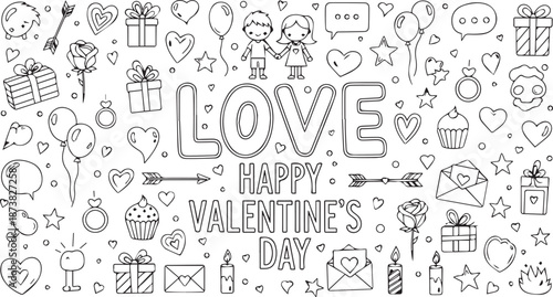 Doodle valentines day illustration of doodle collection of romantic icons and symbols for valentines day coloring book page valentine