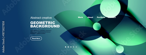 Abstract website header design. Geometric shapes, blue green color scheme, navigation menu present. Minimalist style, modern aesthetic.