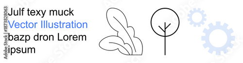 Sustainability, innovation, automation, balance, eco-consciousness, technology integration. Minimalist tree, leaves and gear symbols. Sustainability and technology integration concept