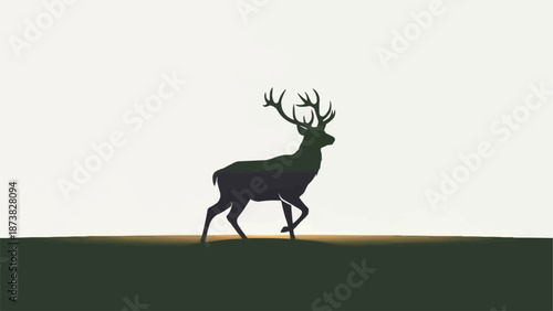 Silhouette of a majestic stag with large antlers walking across a grassy field.