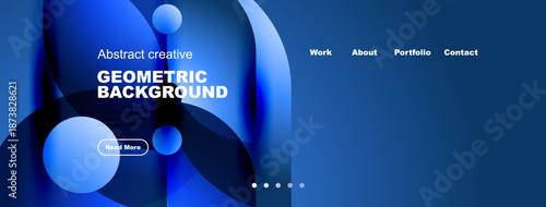 Abstract blue design. Geometric shapes overlap, creating modern website header or banner. Text promotes portfolio, contact options.