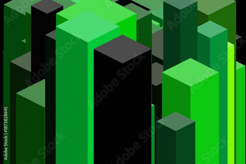 cityscape of many green and black 3D skyscrapers
