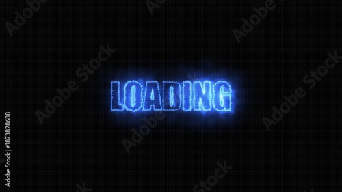 Glow flicker and fluid effect animation a Loading text on a black grid background
