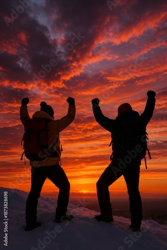Inspirational silhouette of two people celebrating success against stunning sunset sky. Vertical composition captures joy and adventure. Perfect for motivation and outdoor themes.