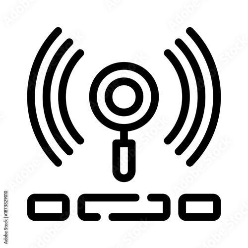 Wireless network signal with a magnifying glass, ideal for techrelated designs, telecommunications concepts, internet connectivity visuals, and troubleshooting graphics.

