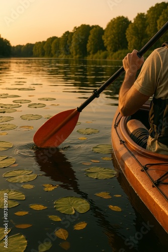 Serene kayaking experience on tranquil lake at sunset. Vertical perspective captures nature's beauty. Peaceful water surrounded by lush greenery inspires relaxation and adventure.