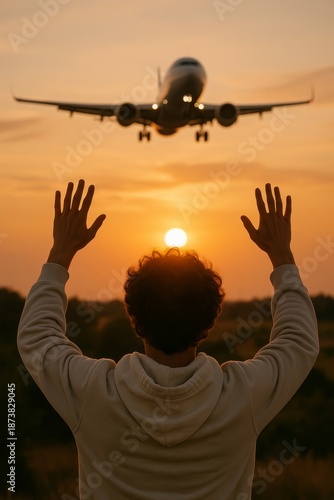 Spectacular sunset scene with a person waving at airplane. Vibrant colors create an inspiring atmosphere. This vertical image captures travel excitement and adventure. Perfect for travel blogs.