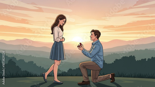 Man Proposing to Woman on One Knee at Sunset in Countryside Landscape